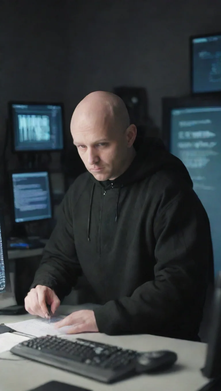 aiamazing bald guy epic coding scene hacker screens everywhere tech awesome portrait 2 tall