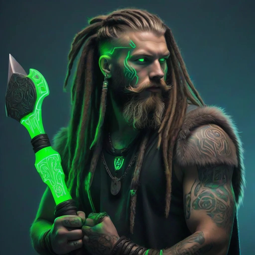 aiamazing bearded dreadlocks cyberpunk neon viking green glow tattooed odin franzika axe awesome portrait 2