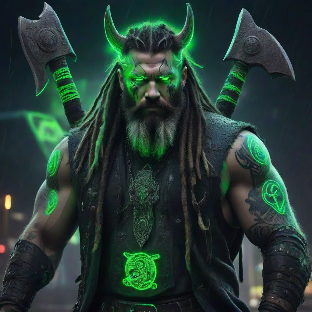 aiamazing bearded dreadlocks cyberpunk neon viking green glow tattooed odin raven double axe dark wild thunder storm awesome portrait 2