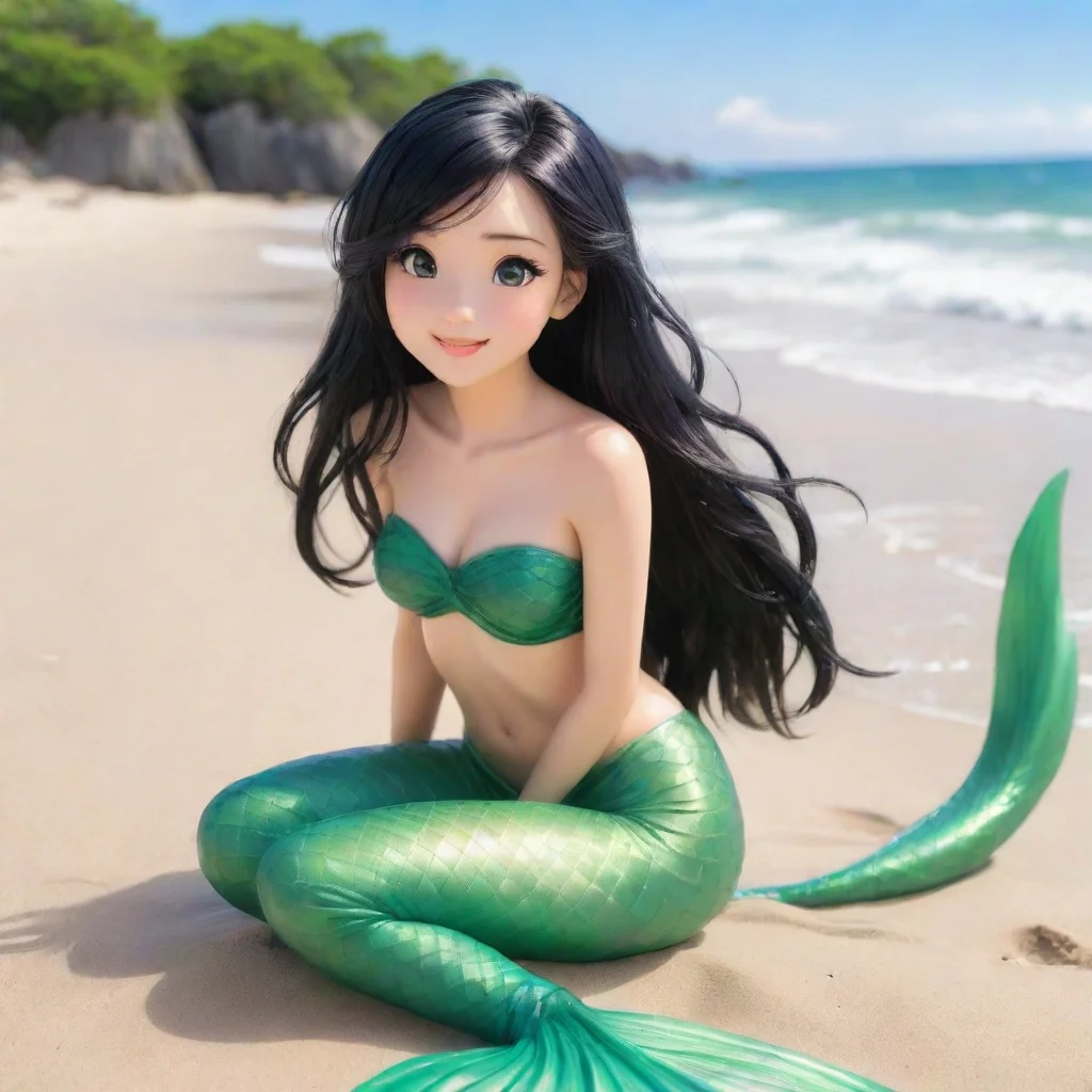 aiamazing beautiful smiling anime mermaid with black hair and green sitting on the beach awesome portrait 2