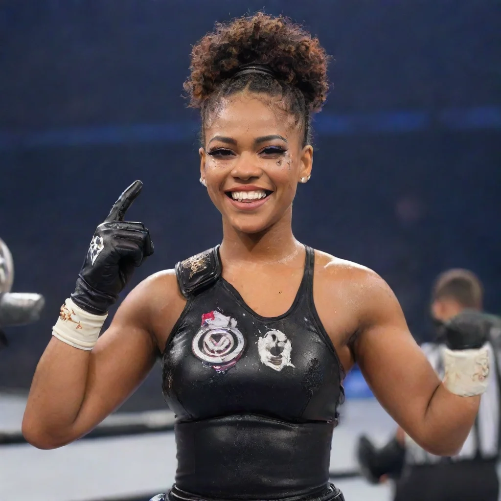 aiamazing bianca belair  at wrestlemania 37 smiling with black deluxe gloves and gun and mayonnaise splattered everywhere awesome portrait 2