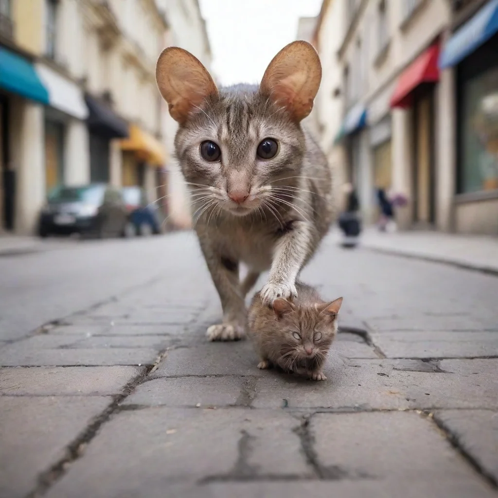 aiamazing big mouse chasing a cat in a busy city street. the rats dominate and the cats serve. awesome portrait 2