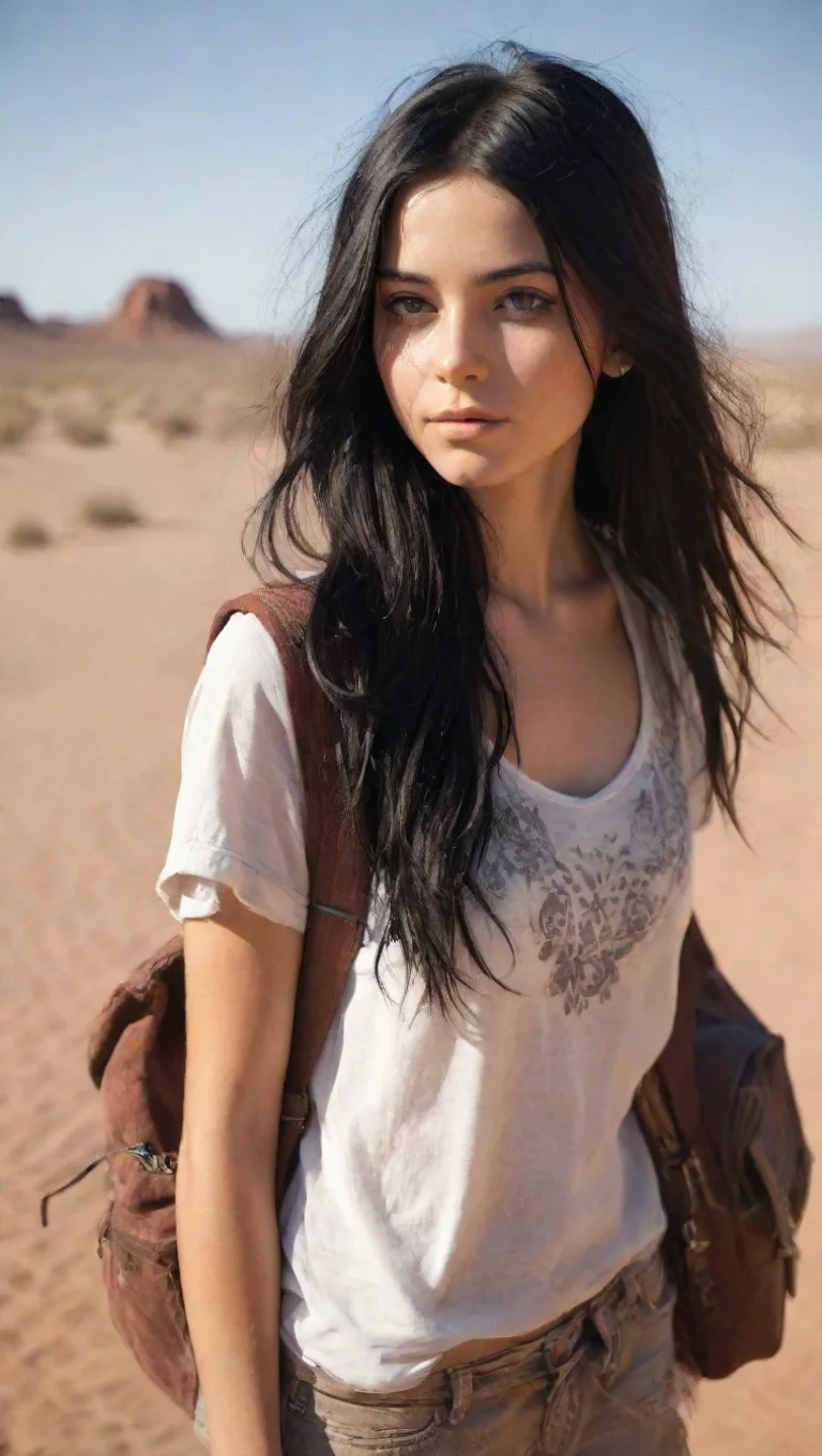 aiamazing black haired hippie girl in the desert with backpack about to leave on a journey awesome portrait 2 tall