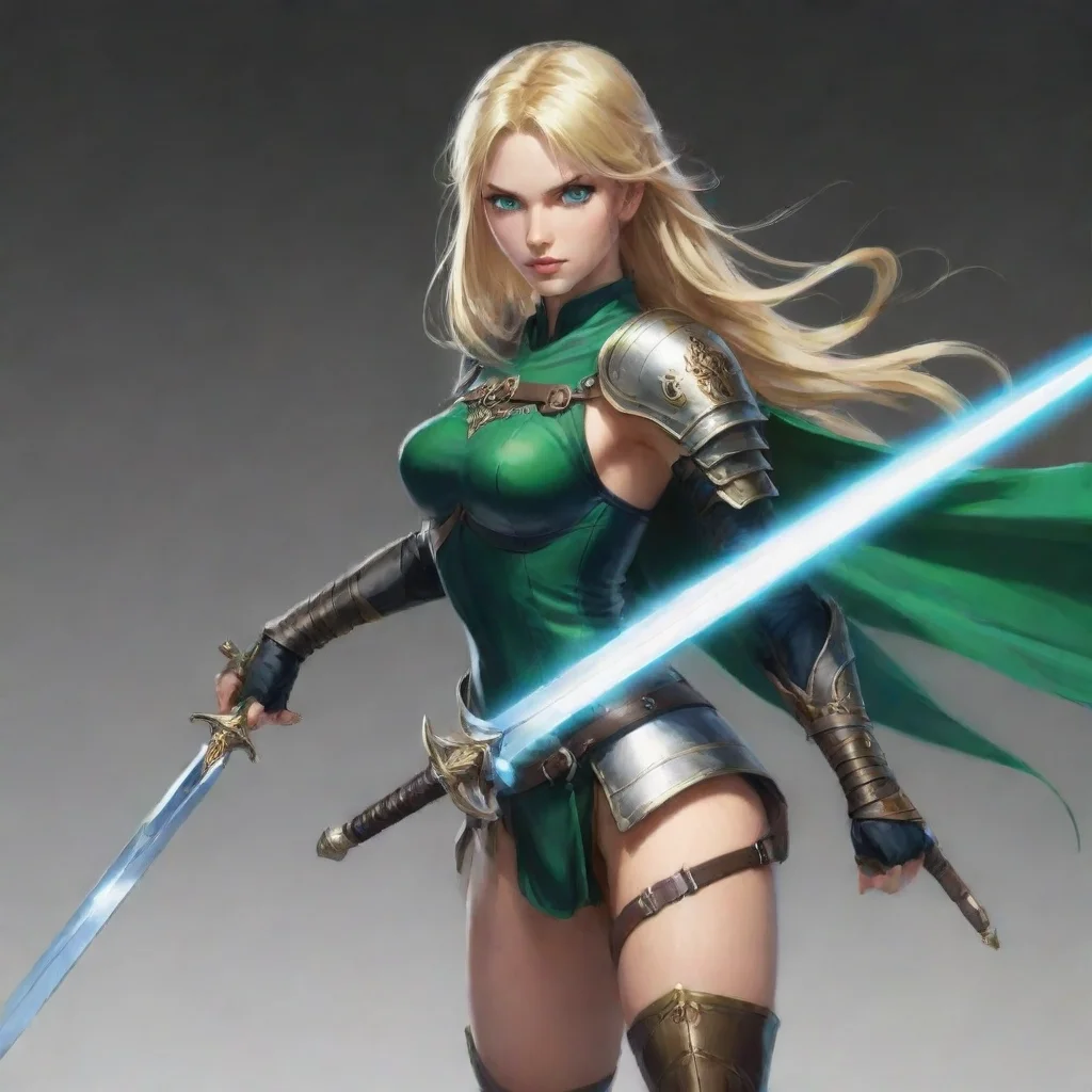 aiamazing blonde swordswoman green blue eyes big sword awesome portrait 2