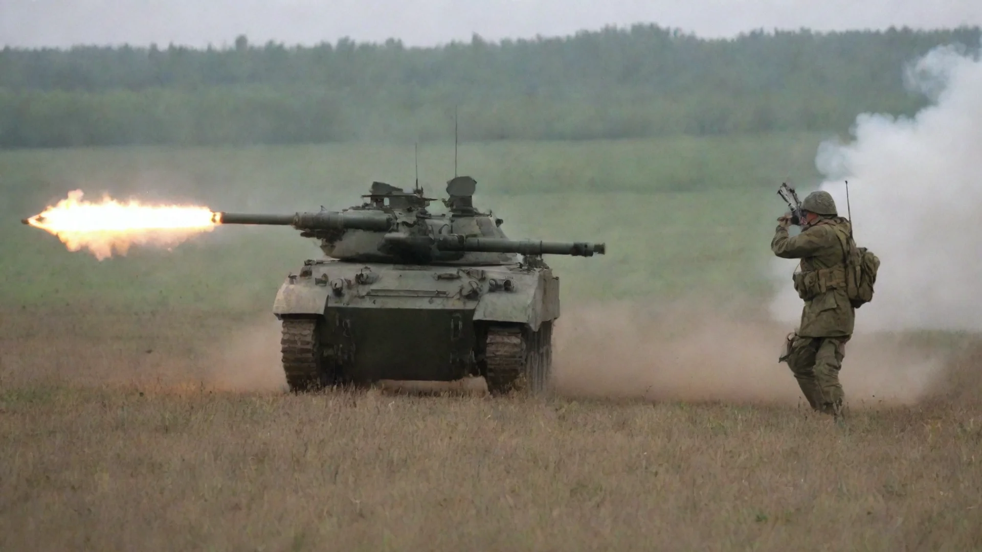 aiamazing british soldier firing an nlaw type rocket launcher at a t 72 type russian tank in the field awesome portrait 2 wide