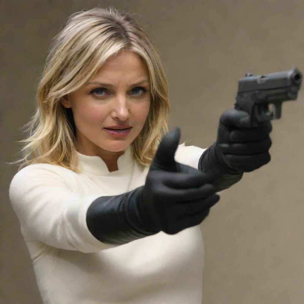 aiamazing cameron diaz  with black gloves and gun shooting mayonnaise out the muzzle of a gun  awesome portrait 2
