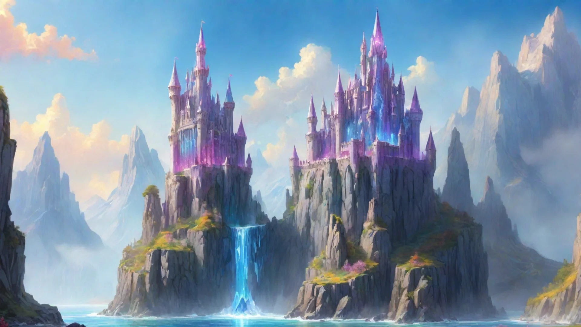aiamazing castle fantasy landscape with giant crystal build on giant crystal cliffs bright colors awesome portrait 2 wide