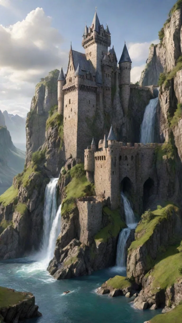 aiamazing castle with cliffs and moat waterfall realistic  tall