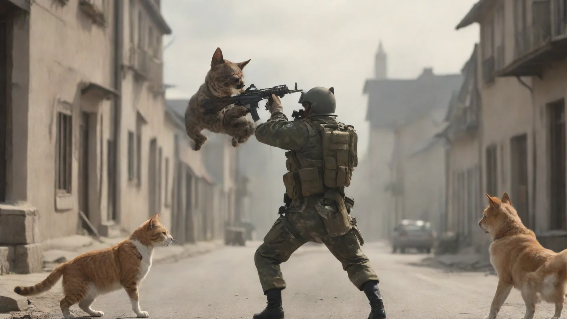 aiamazing cat soldier shooting dog soldier in a small town awesome portrait 2 wide