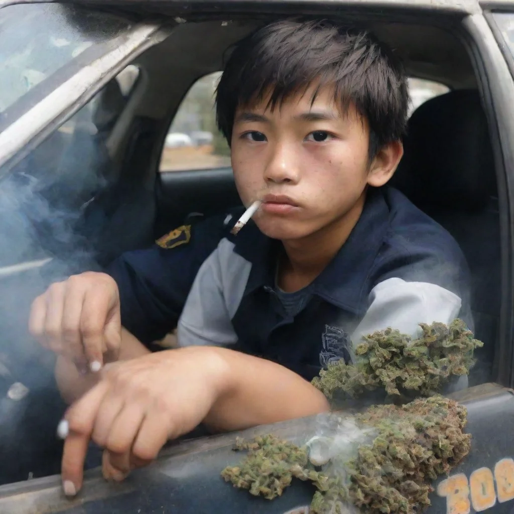 aiamazing chinese boy   smoking weed in a crashed police car awesome portrait 2