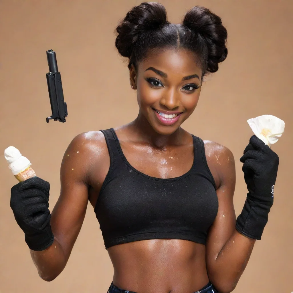 amazing coco jones smiling with black gloves and gun and mayonnaise splattered everywhere awesome portrait 2