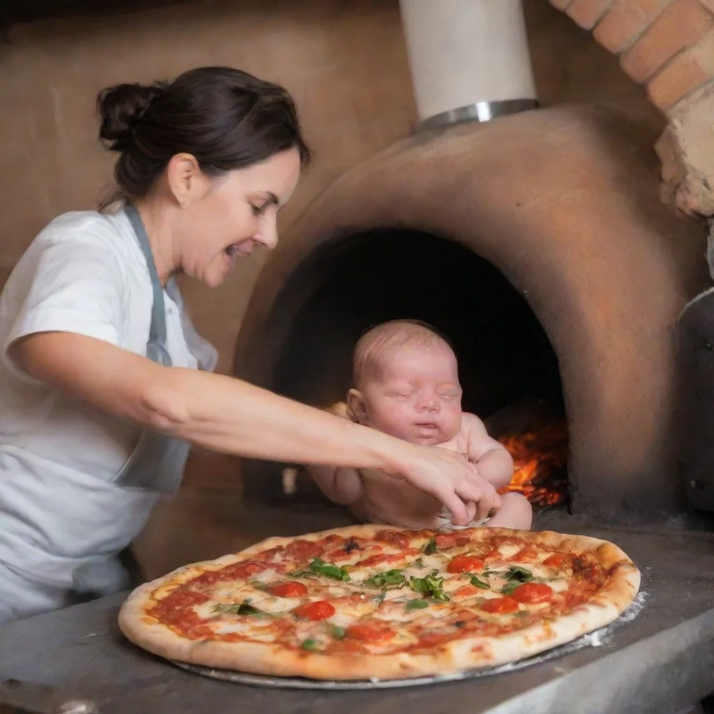 aiamazing cooks put a newborn baby on a pizza into a pizza oven awesome portrait 2