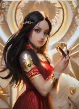 aiamazing dark elf with long straight hair wearing a red and white dress with gold trims gently holding a diamond on the palm of her hands with a lion by her side awesome portrait 2