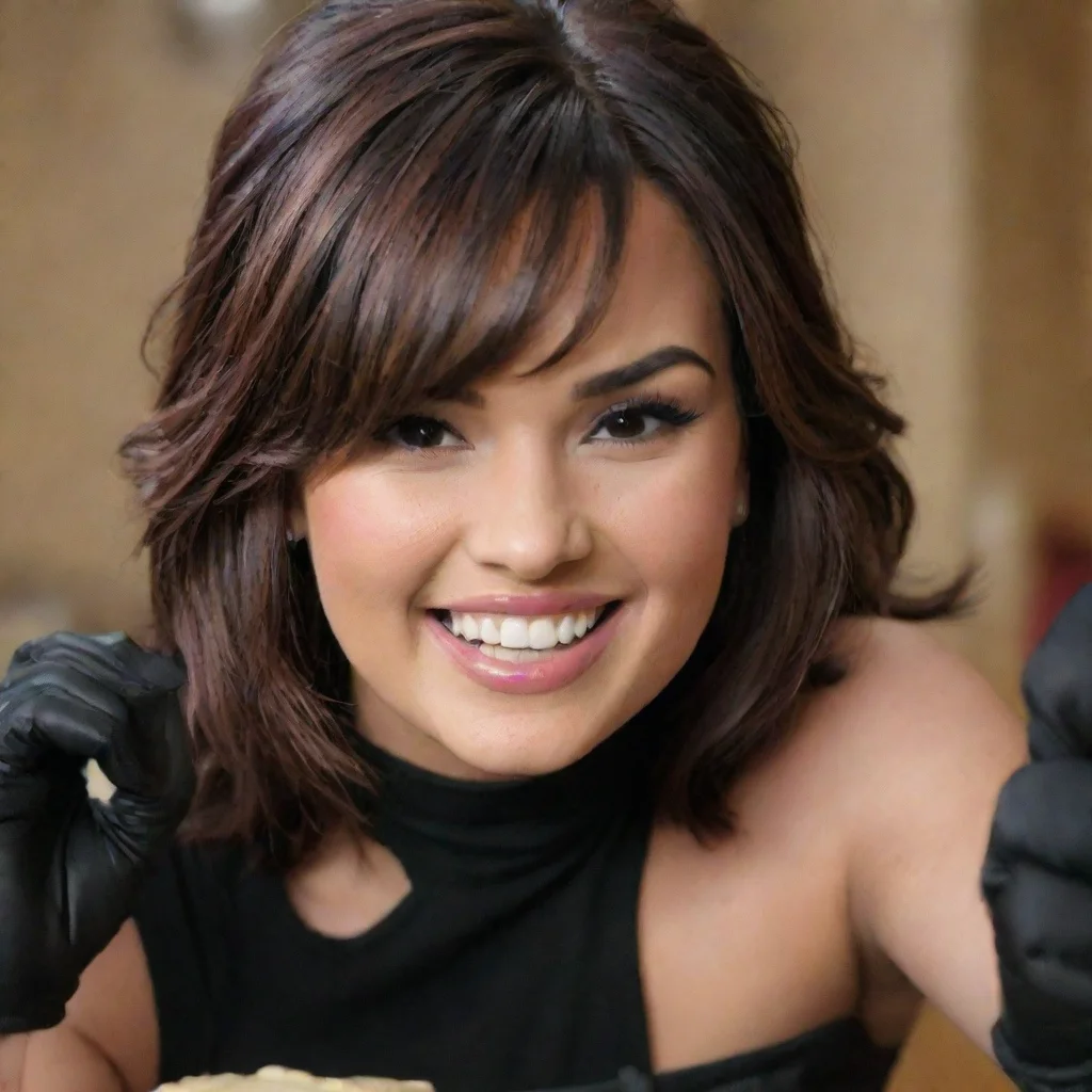 amazing demi lovato from camp rock smiling with black gloves and gun squirting  mayonnaise awesome portrait 2