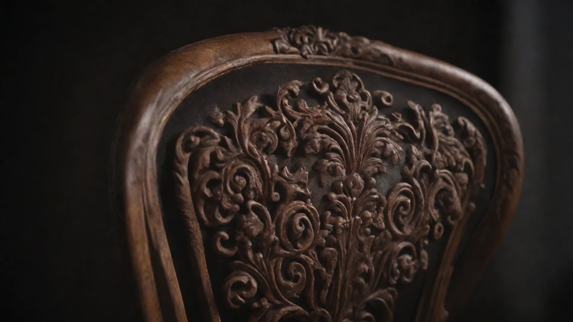 amazing detail view of an ornate chair back dark brown at the edge blurred with high craftsmanship and dark background awesome portrait 2 hdwidescreen