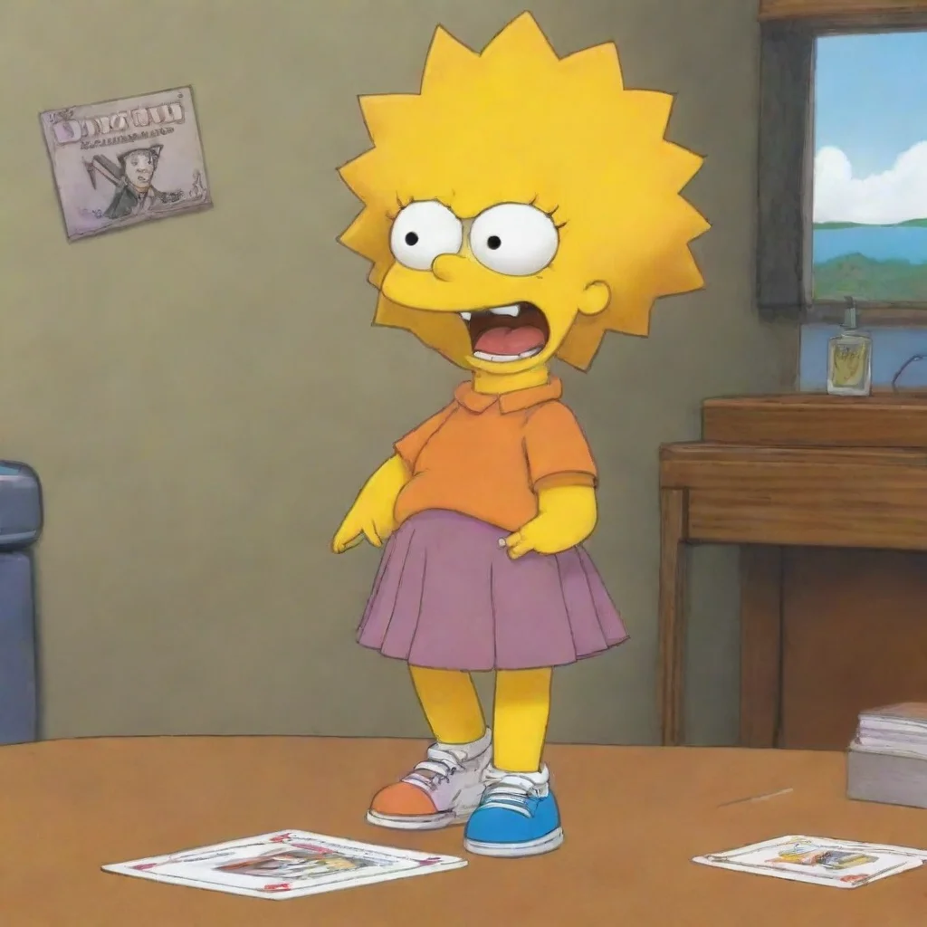 amazing detailed Lisa giggles Your turn to draw Bart grabs the deck and draws a card Alright it says I have to sing the national anthem while standing on one foot