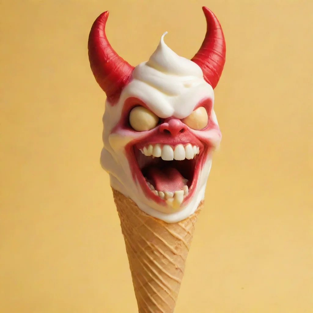 aiamazing devil licking a vanilla icecream cone with yellow background  awesome portrait 2