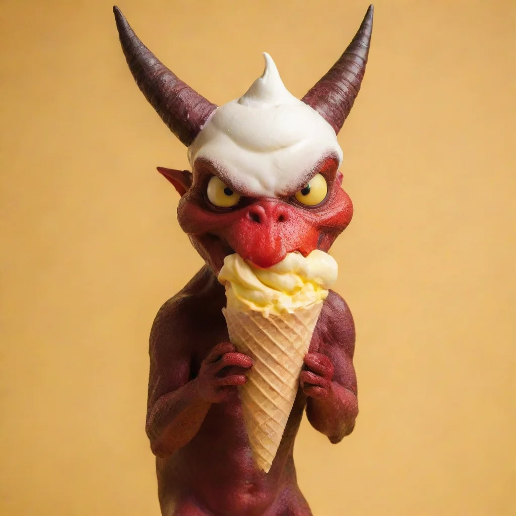 aiamazing devil licking a vanilla icecream cone yellow background awesome portrait 2