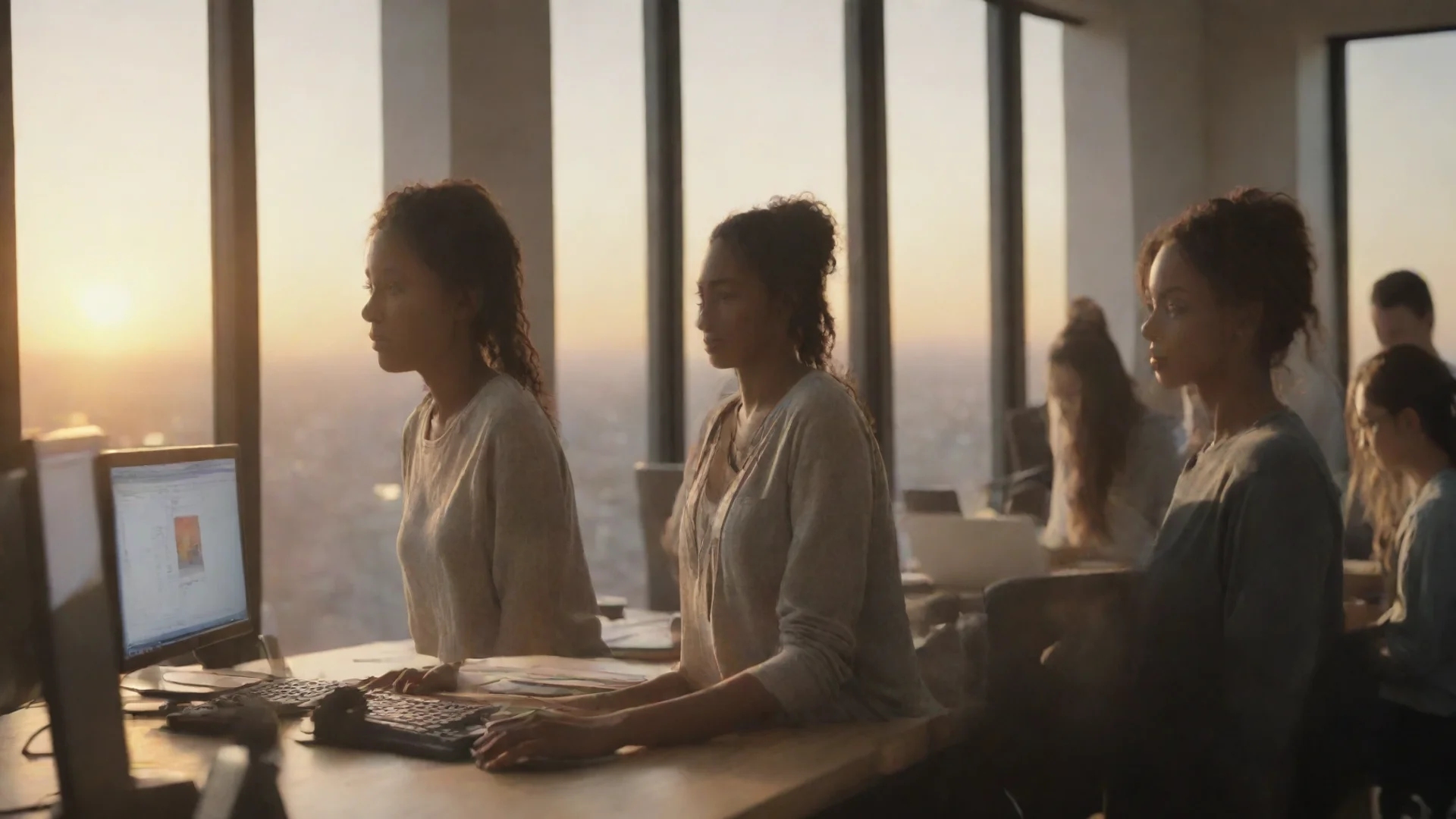 aiamazing diverse group of people working on computers looking out the window at the sunset awesome portrait 2 hdwidescreen
