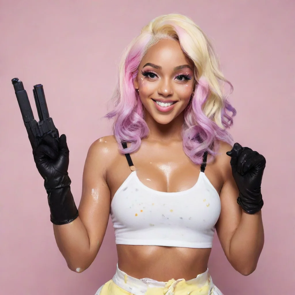 aiamazing doja cat smiling with black deluxe nitrile  gloves and gun and mayonnaise splattered everywhere awesome portrait 2