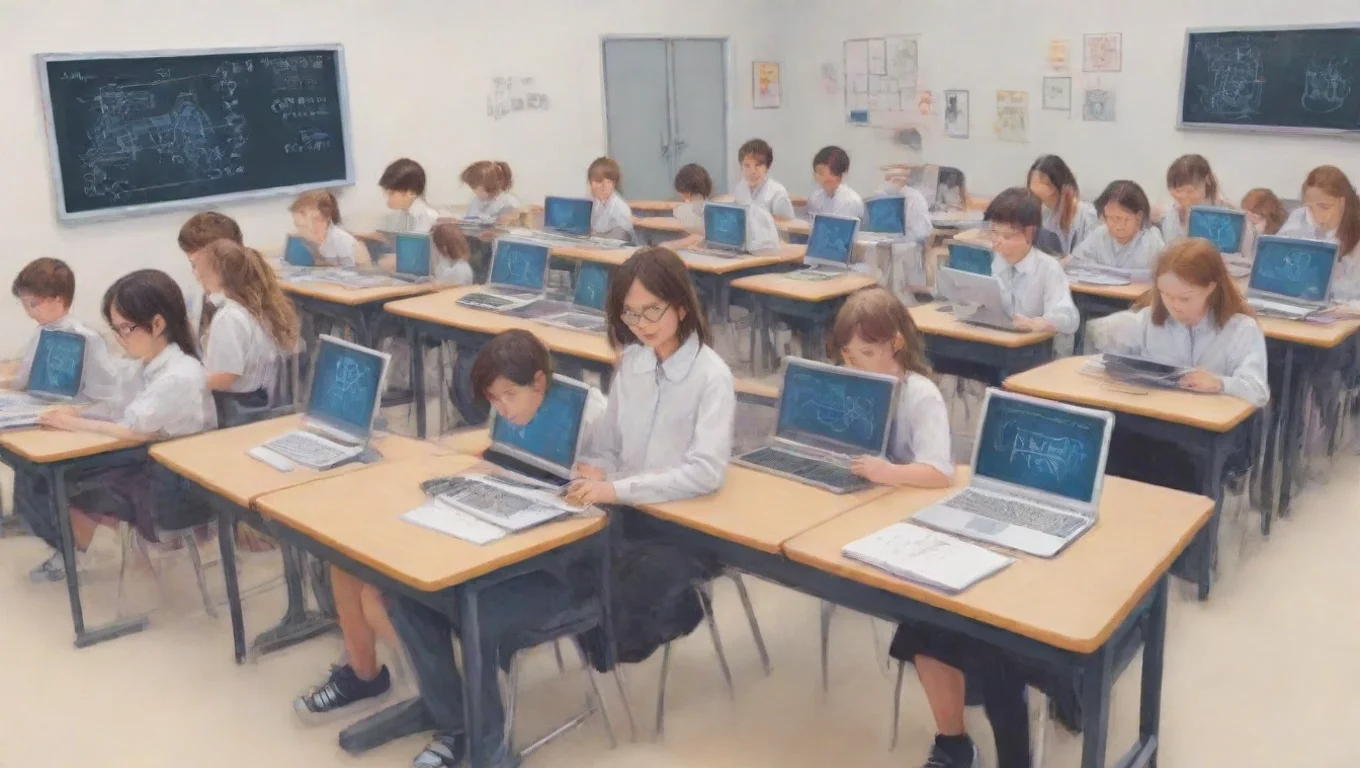 amazing draw a cover that includes students in a school using ai learning courses 20 years later. it is innovative and has a sense of technology. awesome portrait 2 widescreen