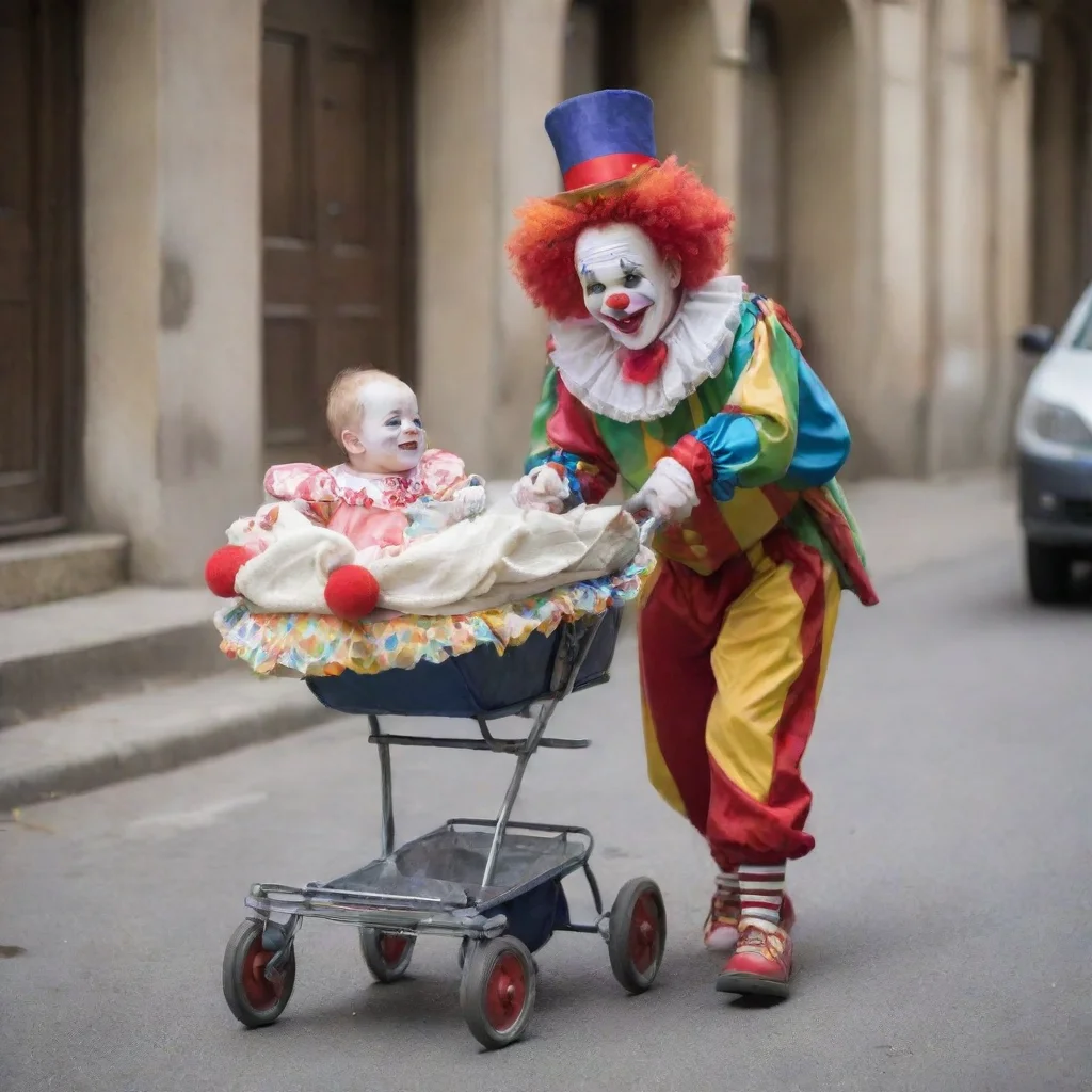 aiamazing dressed clown pushing a buggy with a newborn baby in it awesome portrait 2