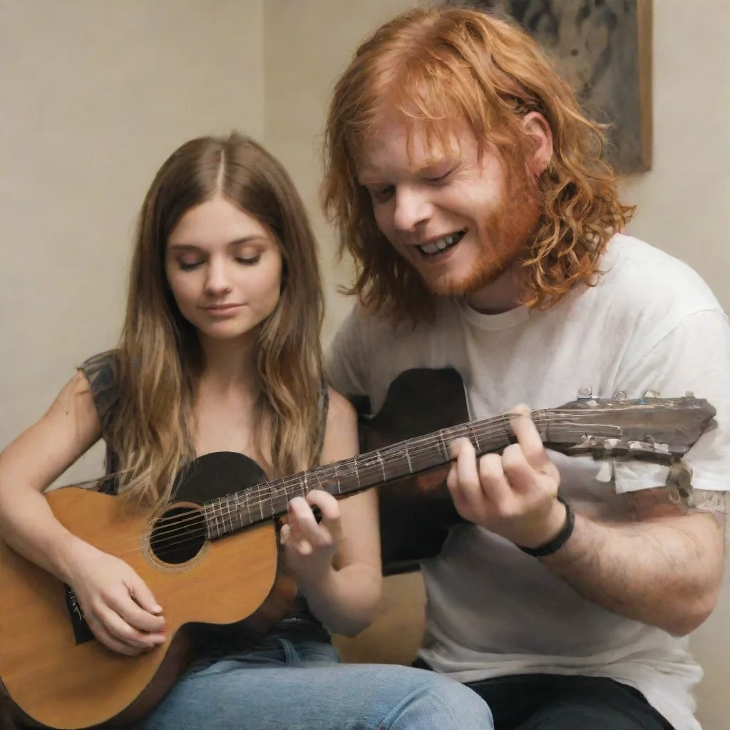 aiamazing ed sheeran giving a white brunette woman with long hair a guitar lesson awesome portrait 2