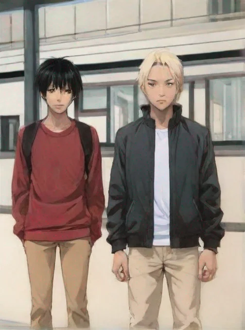 aiamazing epic anime detailed cartoon realistic styled two friends one asian one caucasion standing side by side awesome portrait 2