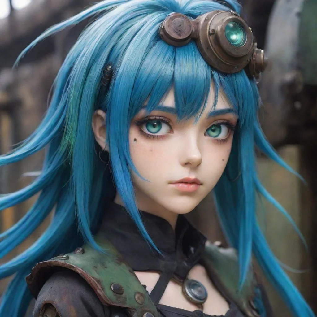 aiamazing epic strong immortal semi robot blue hair one green one blue eye beautiful hd anime ghibli strong gritty environment steampunk best quality aesthetic hd awesome portrait 2