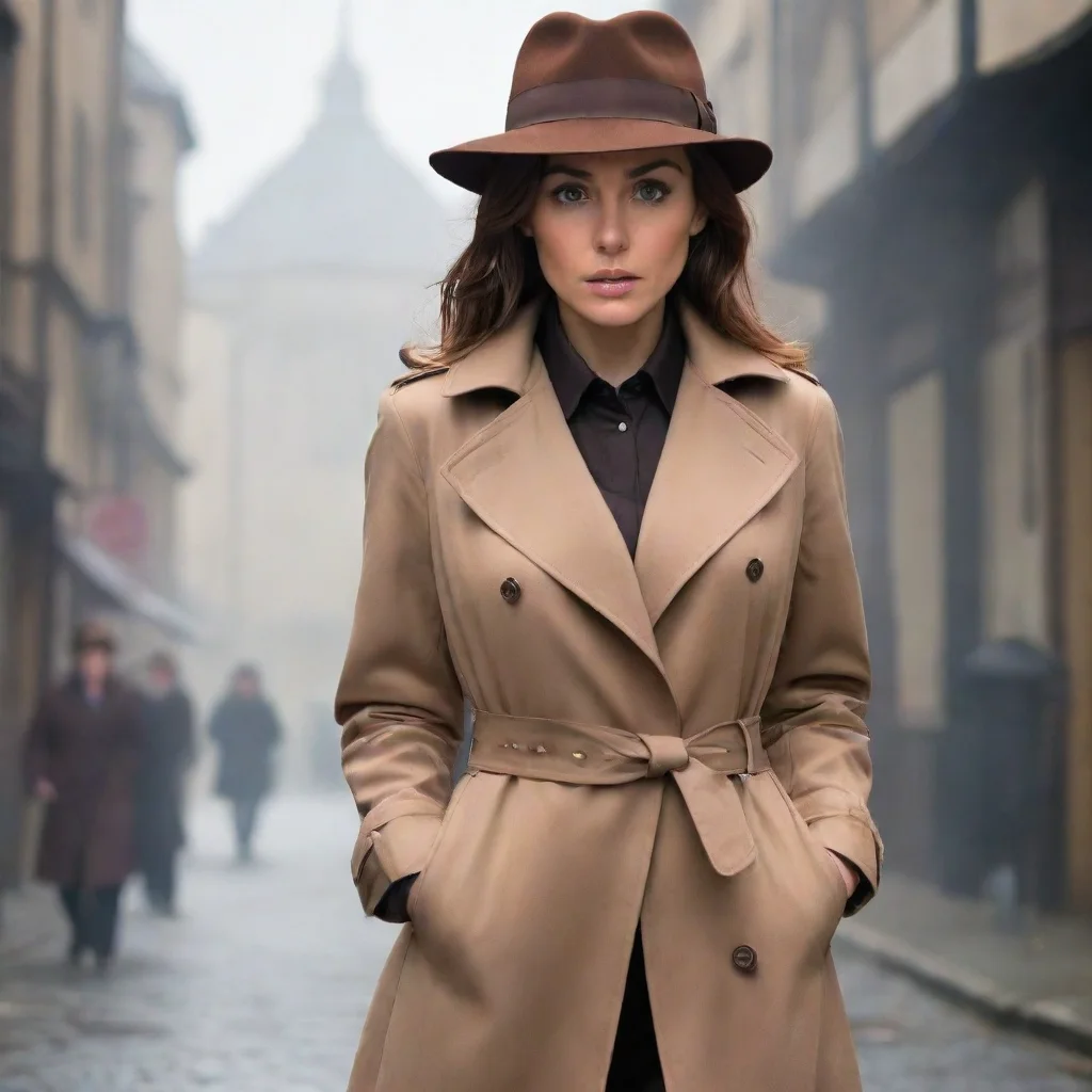 aiamazing female detective with a brown hat and long trenchcoat. she has a look of fear and surprise on her face.  awesome portrait 2