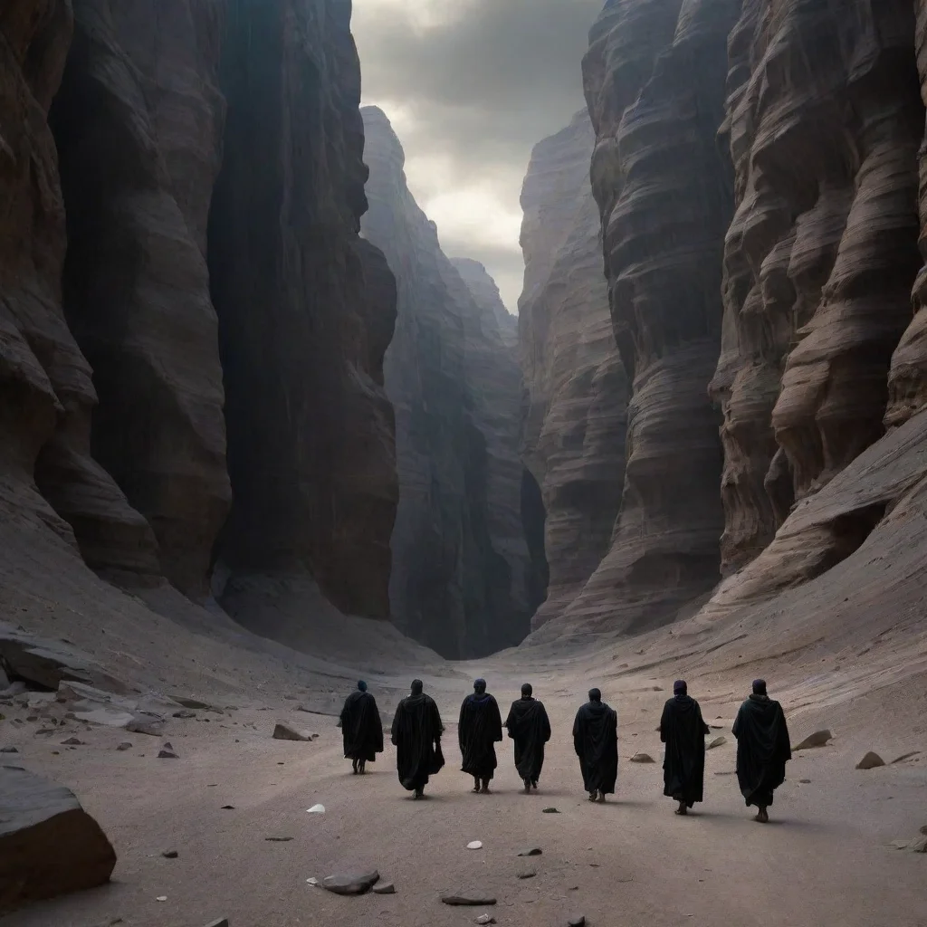 amazing figures walking through black dark canyon alien world awesome portrait 2