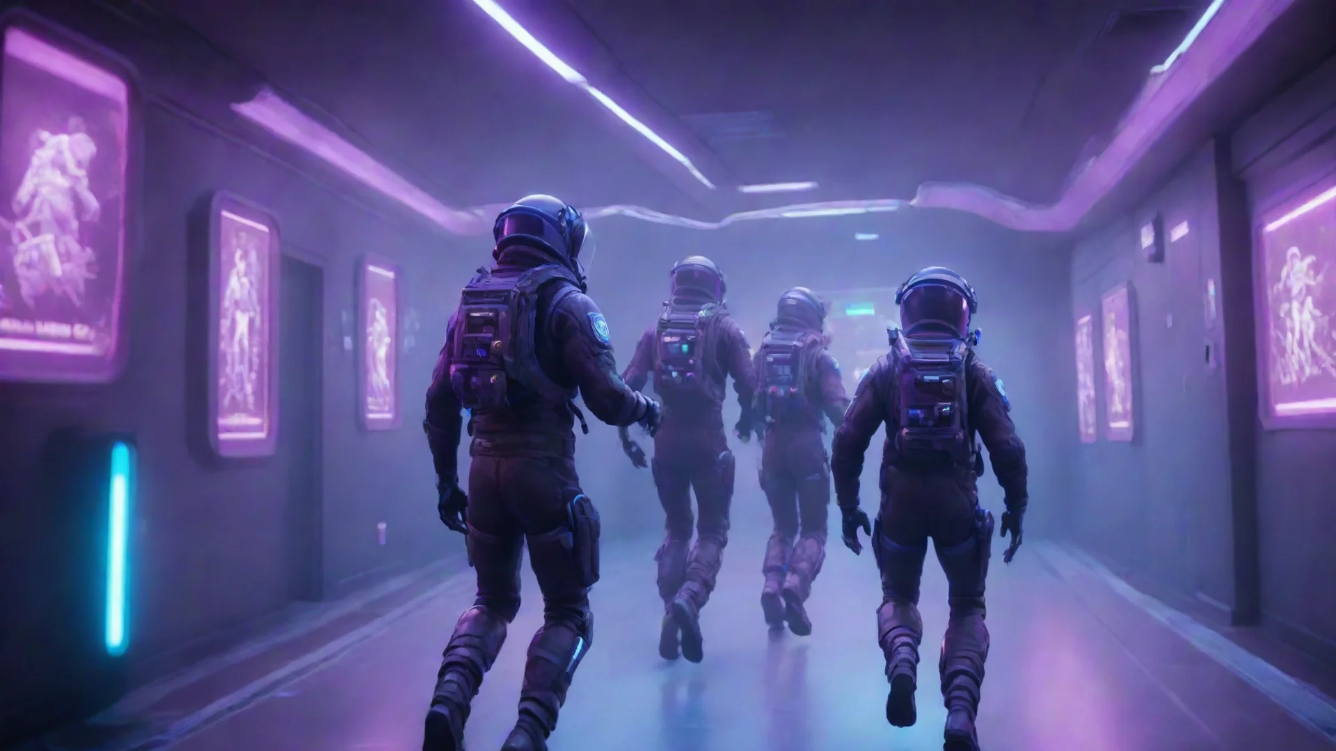 aiamazing fortnite style space suits running away from zombies in space station neon lights illuminating hall awesome portrait 2 hdwidescreen