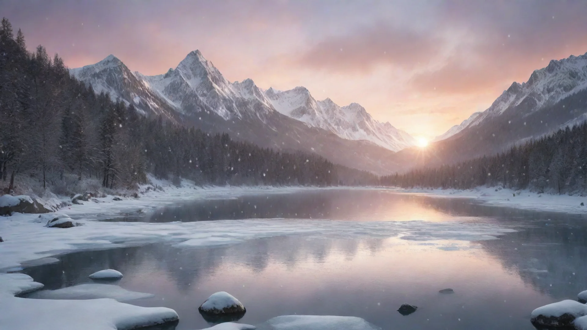 aiamazing frozen lake with snow falling down in a mountainous background and during a sunset in a graphical design awesome portrait 2 wide
