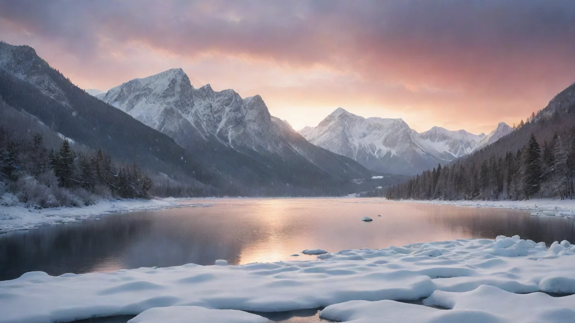 aiamazing frozen lake with snow falling down in a mountainous background and during a sunset in graphic design awesome portrait 2 wide