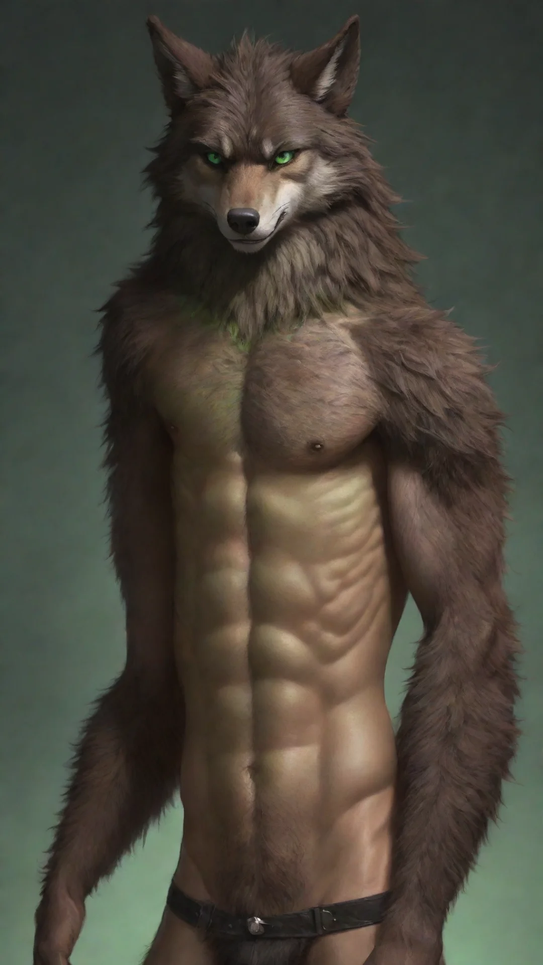 aiamazing furry anthropomorphic hd male detailed shirtless toned wolf green eyes dark brown fur awesome portrait 2 hdtall