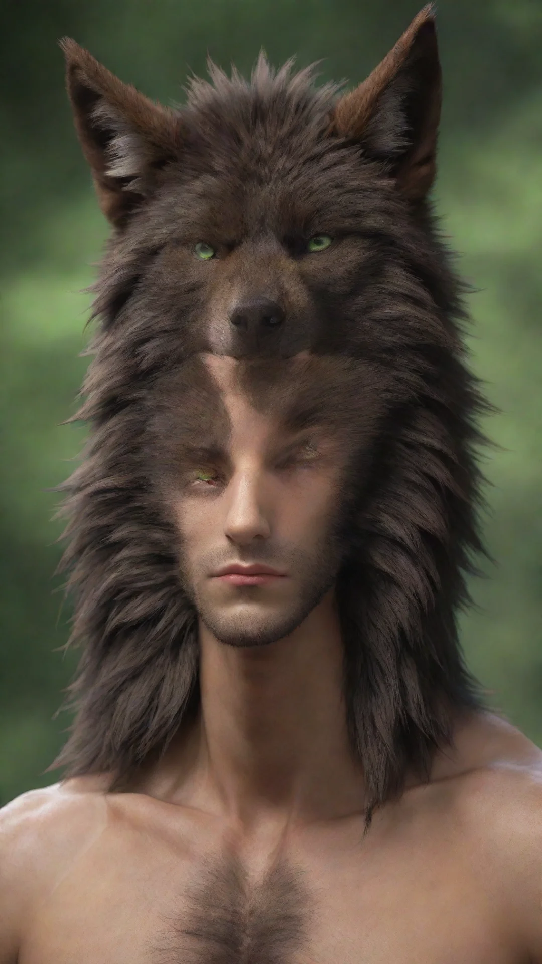 aiamazing furry hd male detailed shirtless toned wolf green eyes dark brown fur awesome portrait 2 hdtall