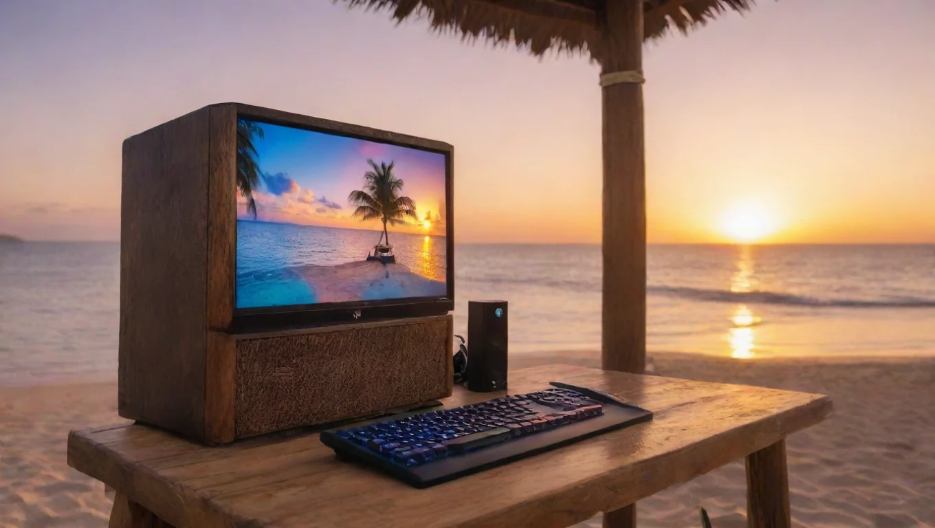 aiamazing gaming pc set up at a tiki bar on the beach at sunset awesome portrait 2 widescreen