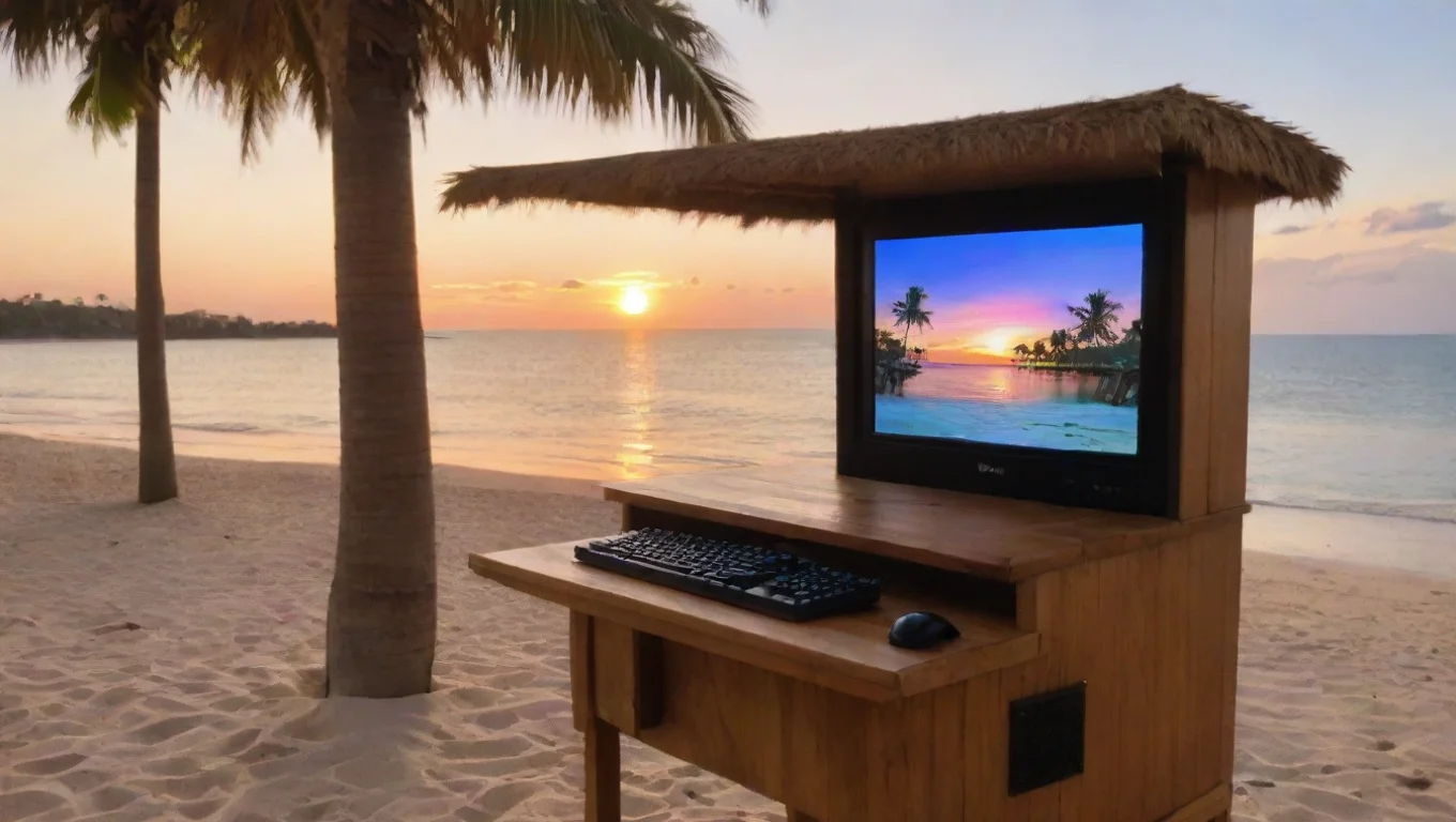 aiamazing gaming pc set up at a tiki bar on the beach at sunset. the pc is playing an 8 bit video game awesome portrait 2 widescreen