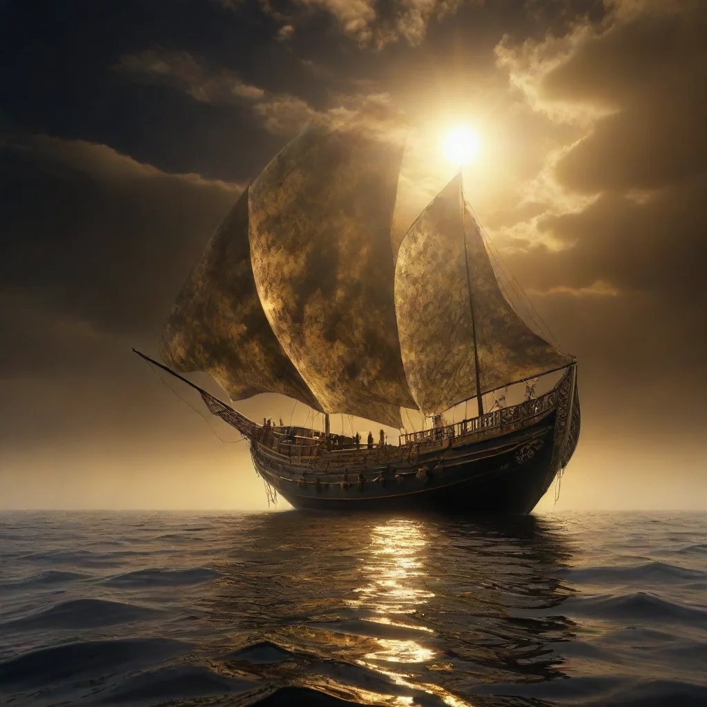 aiamazing ghostly psychedelic fractal clouds in night sky over bubbling black oil sea golden solar egyptian funerary boat mist cin awesome portrait 2