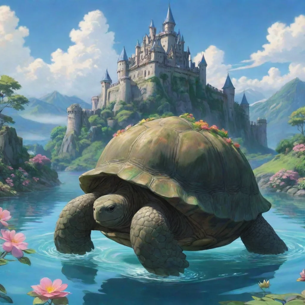 aiamazing giant tortoise with castle on back giant anime ghibli pristine aesthetic castle flower background water background awesome portrait 2