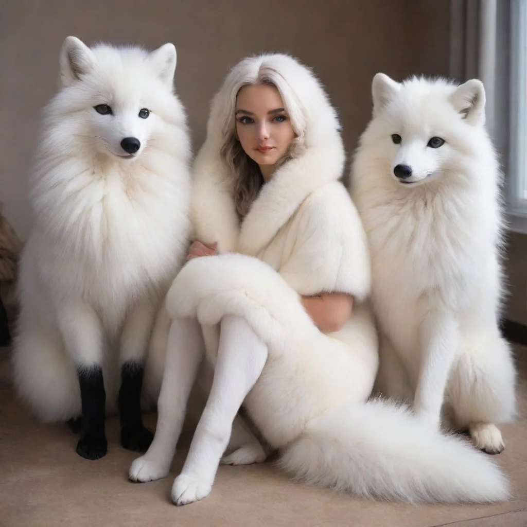 aiamazing giant white arctic foxes sitting with a human midtransformation covered in arcticfox fur awesome portrait 2