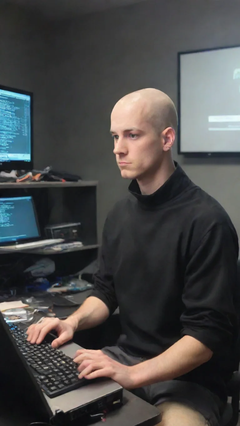 amazing greg brockman buzz cut bald guy epic coding scene hacker typing anime hd everywhere tech awesome portrait 2 tall