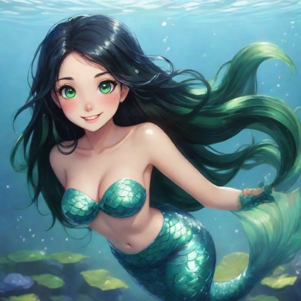 amazing happy anime mermaid with black hair and green eyes awesome portrait 2