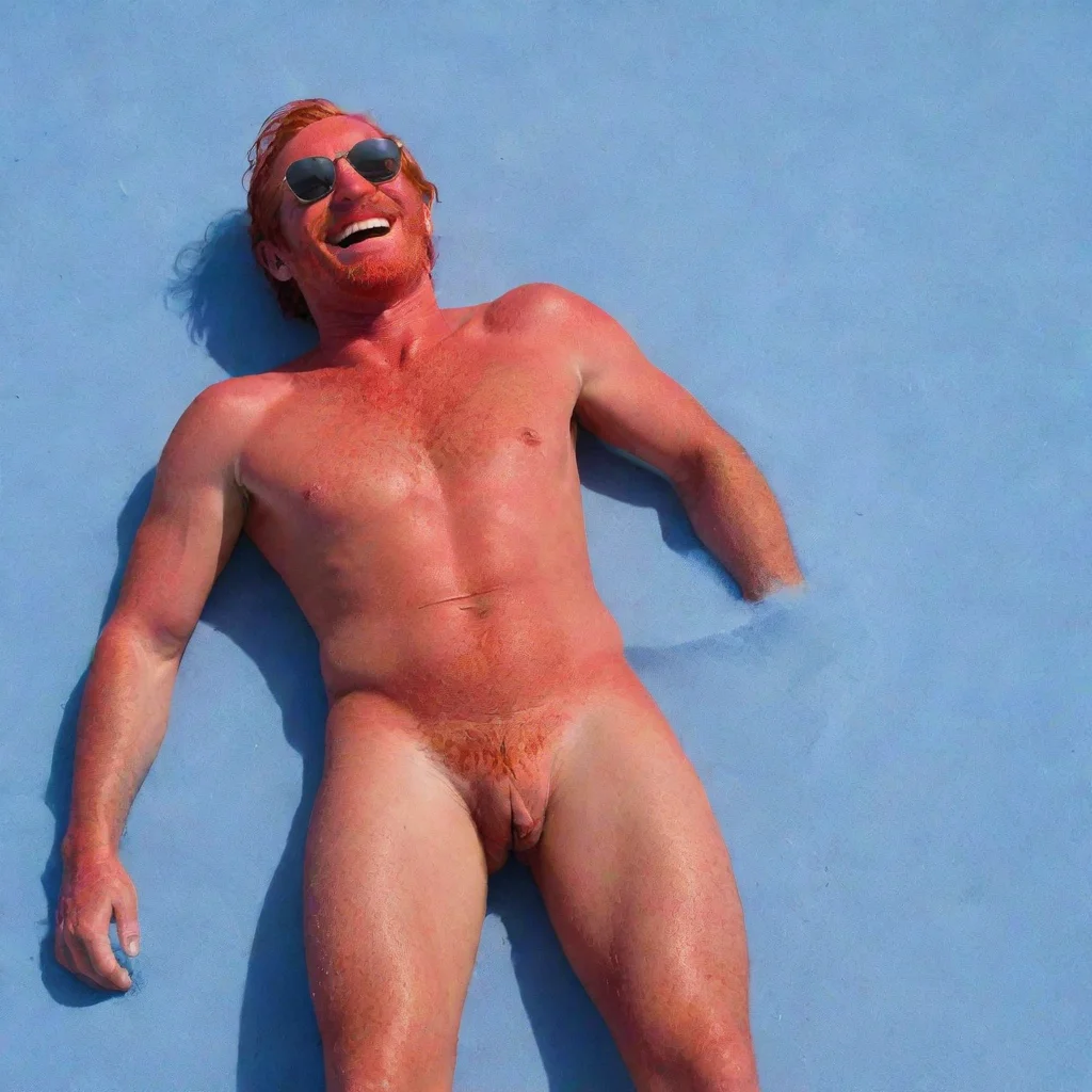 aiamazing happy red man sunbaking on blue sand awesome portrait 2