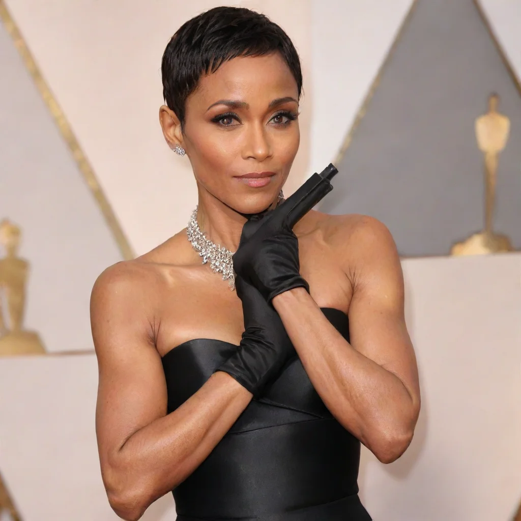 aiamazing jada pinkett actress at the oscars with  black gloves and gun awesome portrait 2