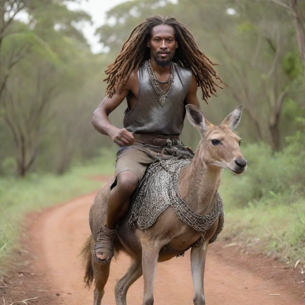 aiamazing jamaicanman with dreadlocks and chainmail riding a kangaroo awesome portrait 2