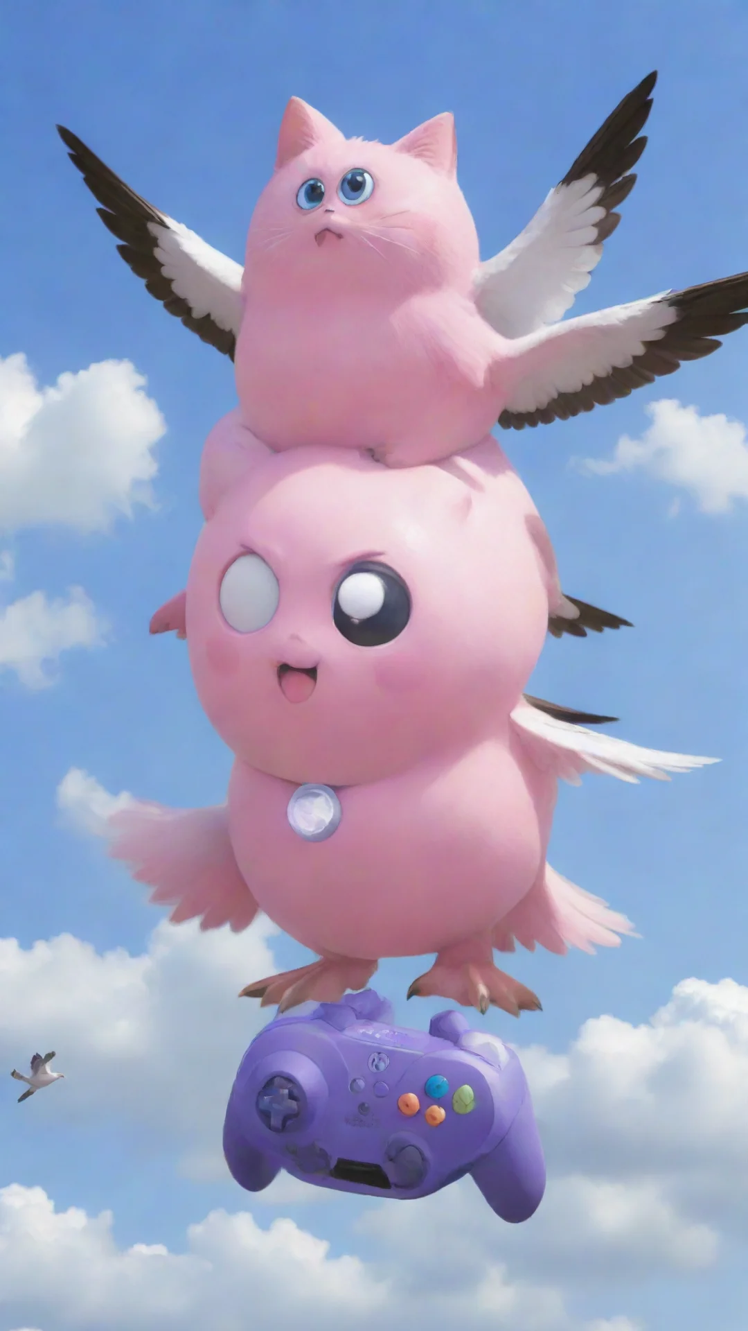 aiamazing jigglypuff riding a seagull with a gamecube controller awesome portrait 2 tall