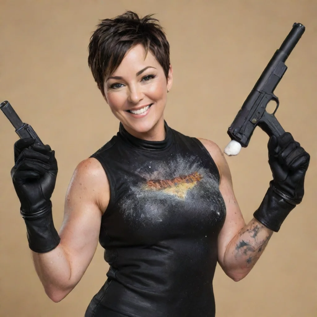 amazing kim rhodes smiling with black deluxe gloves and gun and mayonnaise splattered everywhere awesome portrait 2