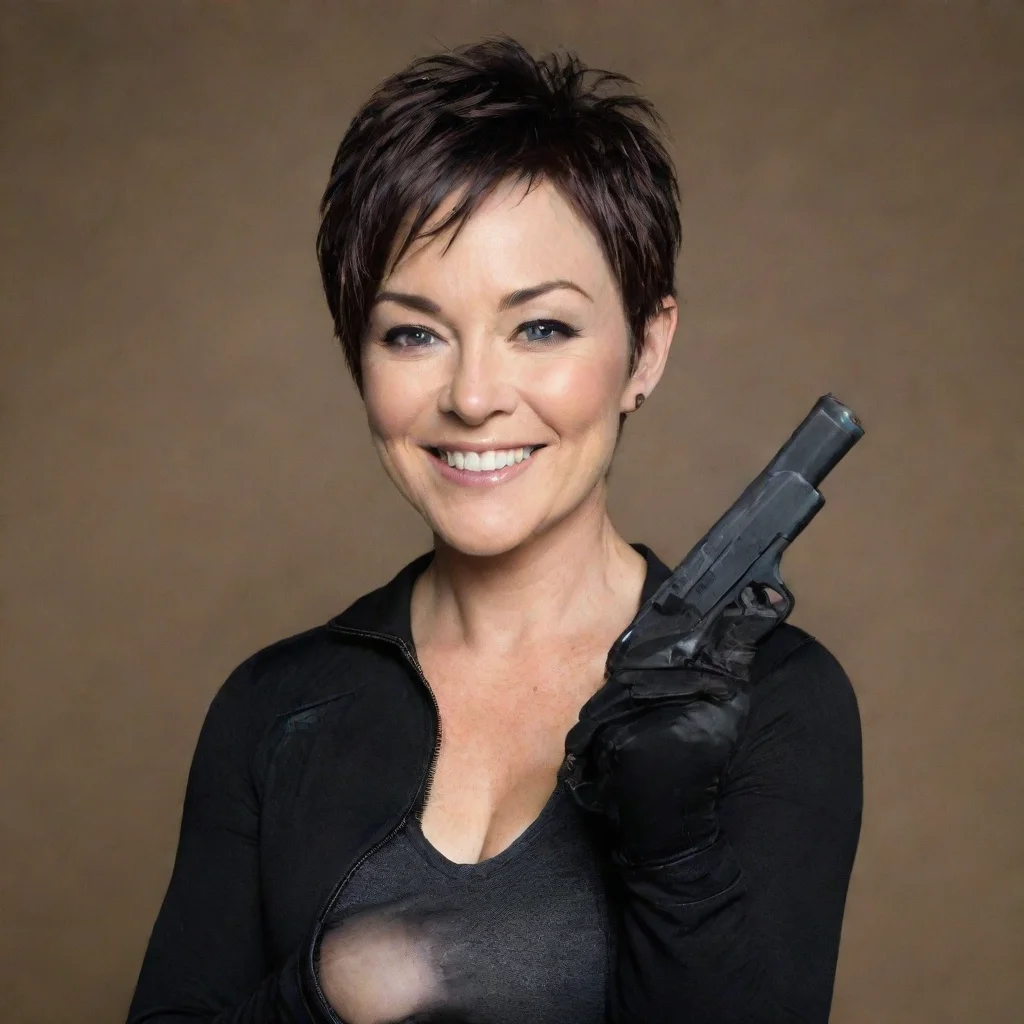 amazing kim rhodes smiling with black gloves and gun  awesome portrait 2