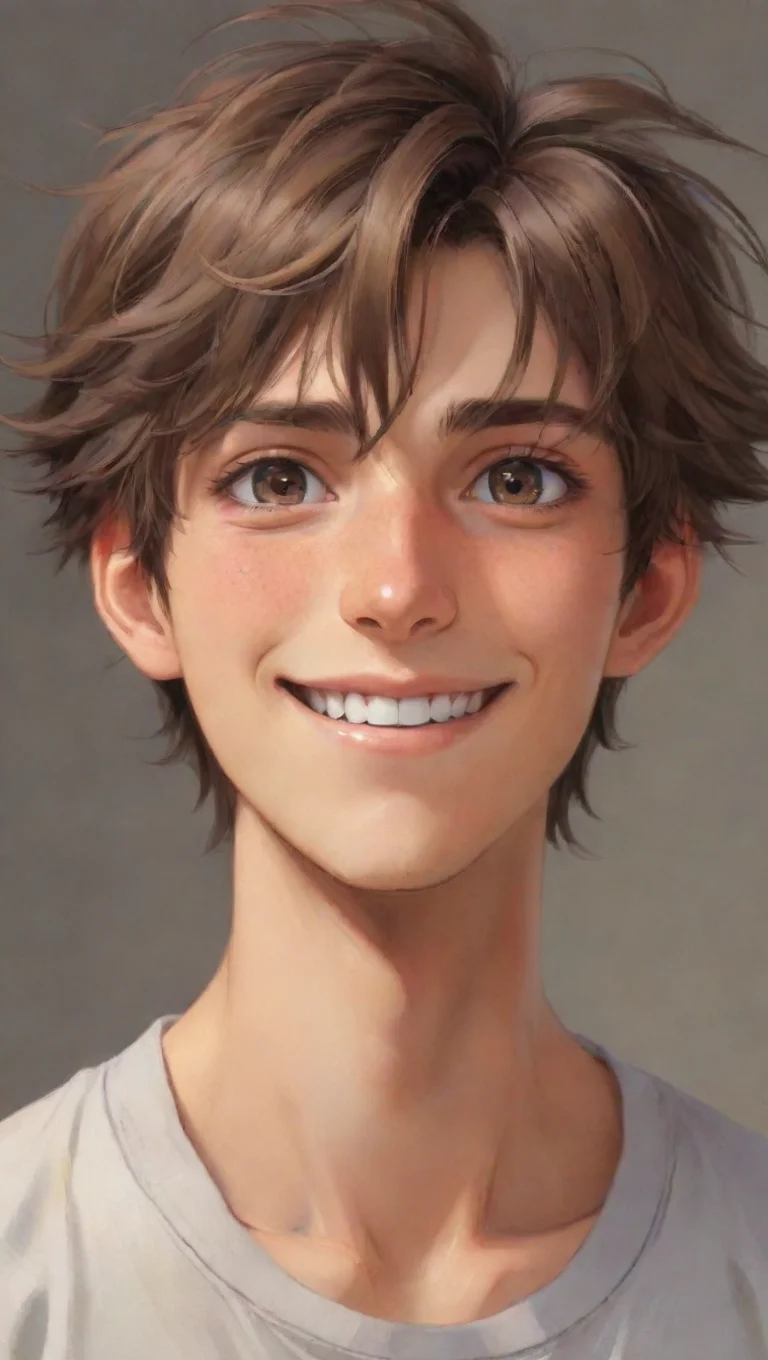 aiamazing kind anime guy boofy hair brown hair tanned skin smile ghibli really detailed look eyes clear artstation best attractive awesome portrait 2 tall